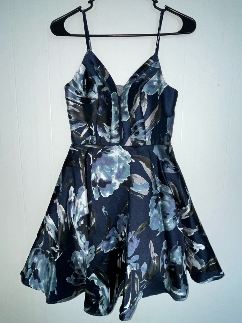 Xtraordinary Dark Blue Satin Dress with Floral Trim